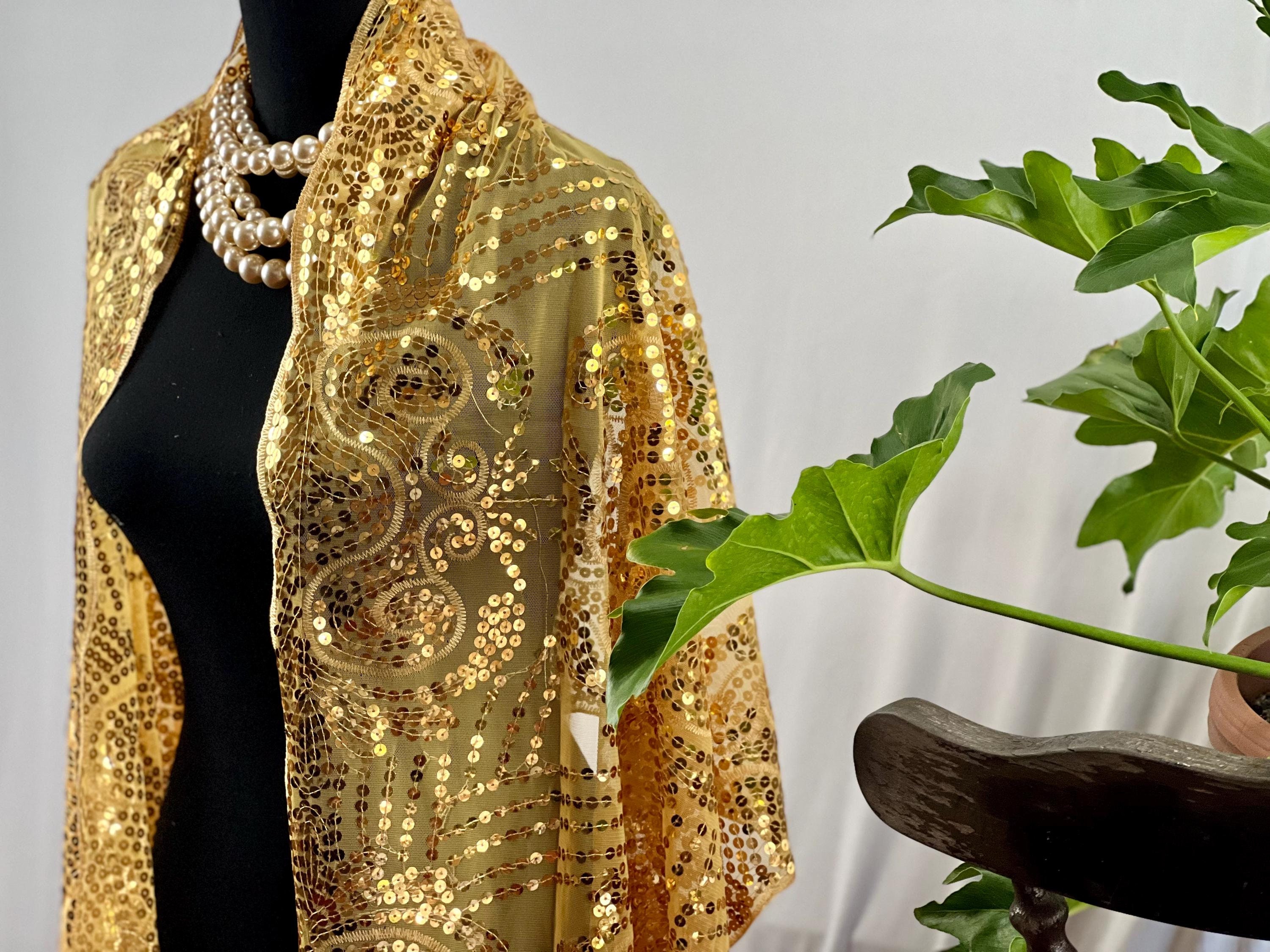 Gold Sequin Embroidery Shawl: Metallic Evening Wrap With 