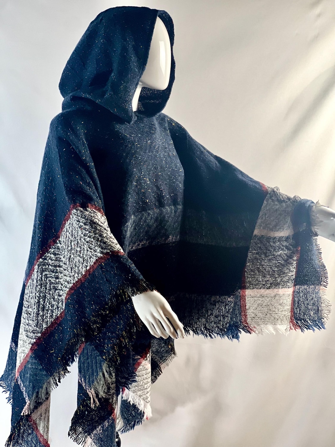 Elegant Navy Blue Hooded Plaid Ruana – Warm and Stylish Wrap With ...