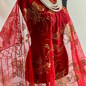 Red Gold Floral Sequin Shawl: Metallic Evening Wrap