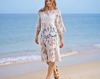 Boho Crochet Midi Dress: Beige Paisley Open Stitch Cover-Up