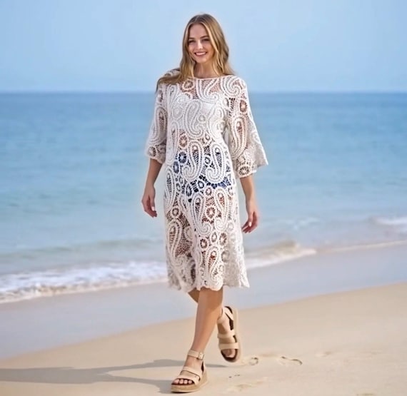 beige crochet midi dress Lulus | Beige Crochet Faux-Wrap Halter Midi Dress | Womens | X-Small (Available in S, L, XL)