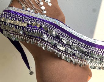 Velvet Belly Dance Scarf with Coins – Hip or Shoulder Wrap, Festival & Costume Accessory