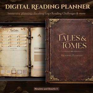 Peut inclure: Un planificateur de lecture numérique avec le texte "TALES & TOMES" sur la couverture. Le planificateur est conçu pour ressembler à un livre ancien avec une texture semblable au cuir. Les pages ouvertes montrent un journal de lecture et des sections de planification.
