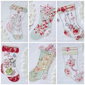 Six different Christmas Stockings - hand embroidery pattern - shabby chic - applique - decorations - digital download
