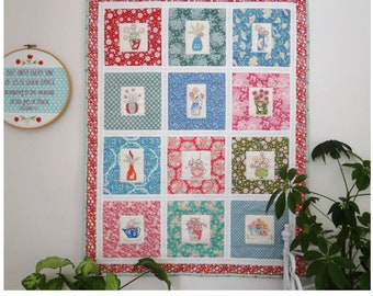 POSIES wall quilt pattern + 12 hand embroidered and appliqued blocks - digital download