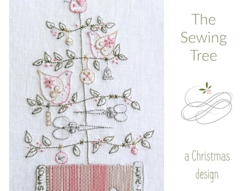May include: Embroidered Christmas tree design featuring a sewing theme. The tree is decorated with birds, scissors, spools of thread, and other sewing-related items. The text "The Sewing Tree" and "a Christmas design" is included.