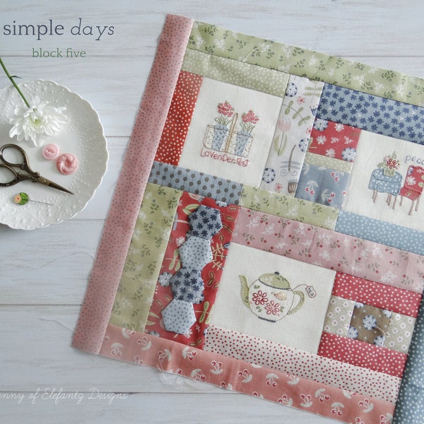 SIMPLE DAYS block 5 of a nine-block quilt pattern - hand embroidery - digital download