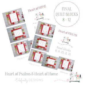 May include: A collection of eight quilt blocks featuring a red, white and green patchwork design. The blocks are arranged in a grid pattern and each block features a different embroidered design. The text "Heart of Psalms & Heart of Home" is visible at the bottom of the image.