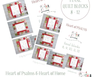 Puede incluir: Una colección de ocho bloques de colcha con un diseño de patchwork rojo, blanco y verde. Los bloques están dispuestos en una cuadrícula y cada bloque presenta un diseño bordado diferente. El texto "Heart of Psalms & Heart of Home" es visible en la parte inferior de la imagen.