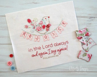 REJOICE - hand embroidery pattern with applique - Philippians 4:4 - digital download