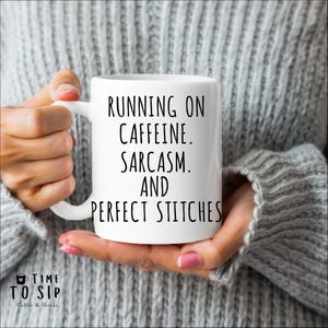 Running on Caffeine Sarcasm and Perfect Stitches mug, Sarcastic knitter mug, Cheeky gift for knitter, funny knitting gifts ideas