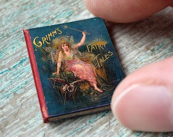 Miniature Grimm’s Fairy Tales Book – 1:12 Scale Fairy Tale Dollhouse Prop • Tiny Closed Book • Fantasy Miniature Shelf Decor
