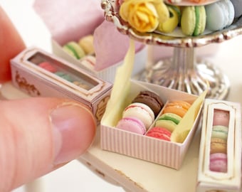 Miniature Macaron Box Set with Optional Bag - 1-Inch Scale Handcrafted Dollhouse Dessert - For Dollhouses, Dioramas, & Craft