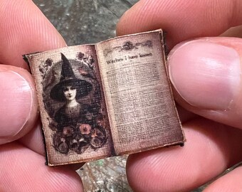 May include: A miniature open book with a vintage aesthetic. The left page features a portrait of a woman in a witch hat surrounded by roses. The right page has the text "Witches I have known".