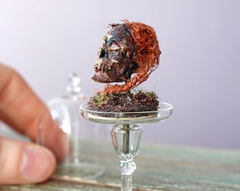 Miniature Bog Skull in Glass Cloche: Handmade Dollhouse Curio