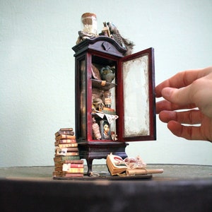 Miniature Cabinet of Curiosity - Handcrafted Display of 1-Inch Scale Wonders for Dollhouses, Museums, and Wunderkammer