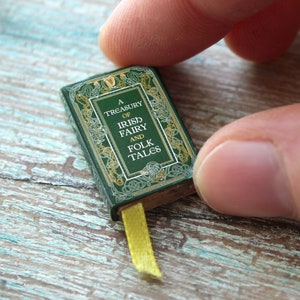 Miniature Irish Fairy Tales Book – 1:12 Scale Dollhouse Prop • Tiny Celtic Folklore Book with Ribbon Bookmark • St. Patrick&#39;s Day Gift