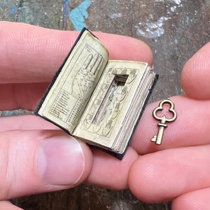 Miniature Antique Open Book with Secret Compartment & Skeleton Key --- 1-Inch Scale Dollhouse Accessory