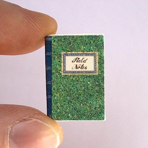 May include: Miniature green notebook with the words "Field Notes" on the cover. The notebook has a textured green cover and a blue spine. The notebook is held between two fingers.