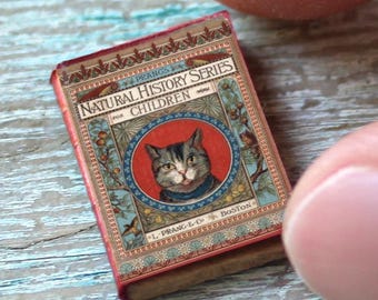 Miniature Natural History for Children Book – Antique Cat Illustration • Tiny Victorian-Style Dollhouse Book • Vintage Prang Art Miniature