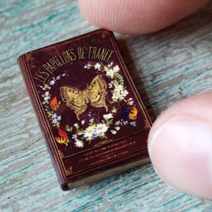 May include: Miniature book with a dark brown cover featuring the text "LES PAPILLONS DE FRANCE" and a gold butterfly illustration. The book is surrounded by a floral design with white and colorful accents. The book is held between two fingers.
