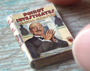 Miniature Poirot Investigates Book – 1:12 Scale Agatha Christie Mystery • Tiny Vintage Crime Novel for Dollhouse Library or Curio Shelf