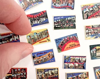 Miniature Retro USA Postcards – Scale Dollhouse Travel Ephemera • Tiny Vintage Postcards • Diorama & Scrapbook Paper Props