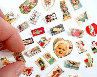 Miniature Valentine Cards – Scale Vintage Ephemera Set • Tiny Antique Paper Valentines for Dollhouse Mail, Collage, Junk Journals & Crafting