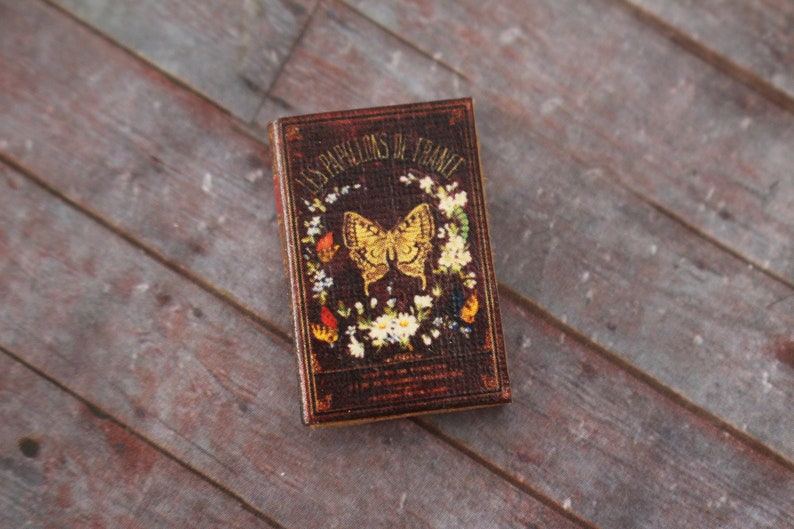May include: A miniature book with a dark brown cover featuring the title "LES PAPILLONS DE FRANCE" and a gold butterfly illustration surrounded by flowers. The book has a vintage aesthetic and is set against a wooden background.