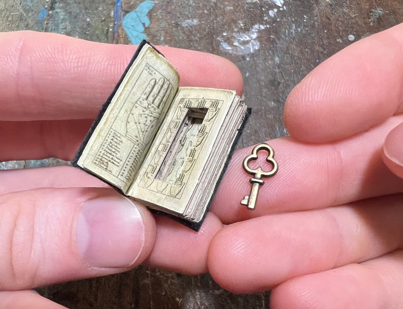 Miniature Antique Open Book with Secret Compartment & Skeleton Key 1-Inch Scale Dollhouse Accessory image 1