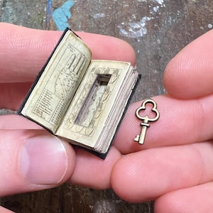 Miniature Antique Open Book with Secret Compartment & Skeleton Key - 1-Inch Scale Dollhouse Accessory