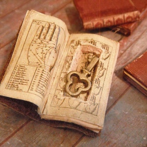 Miniature Antique Open Book with Secret Compartment & Skeleton Key 1-Inch Scale Dollhouse Accessory image 2