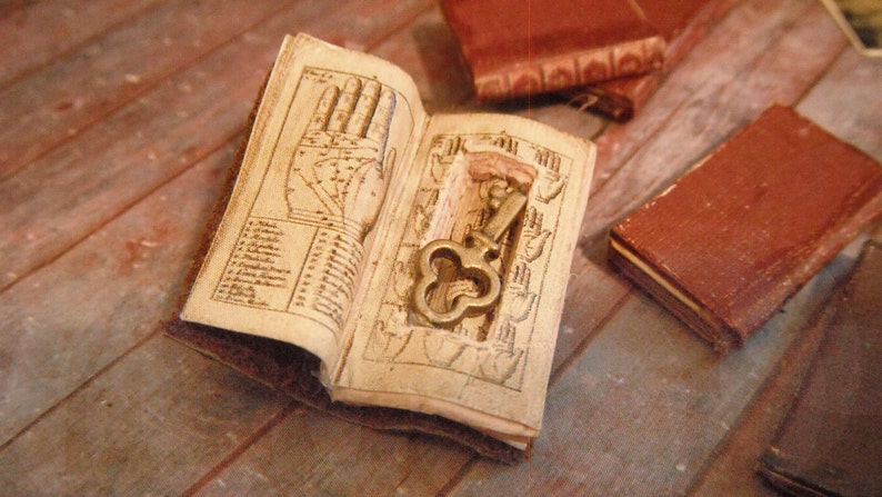 Miniature Antique Open Book with Secret Compartment & Skeleton Key 1-Inch Scale Dollhouse Accessory image 2