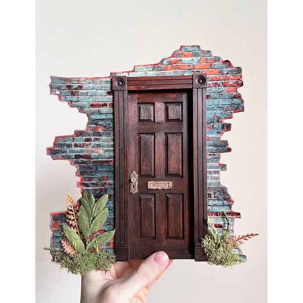 One-of-a-Kind Handcrafted Tiny Door — Wall Art, Fairy Door, Miniature Sculpture --- "Blue Brick"