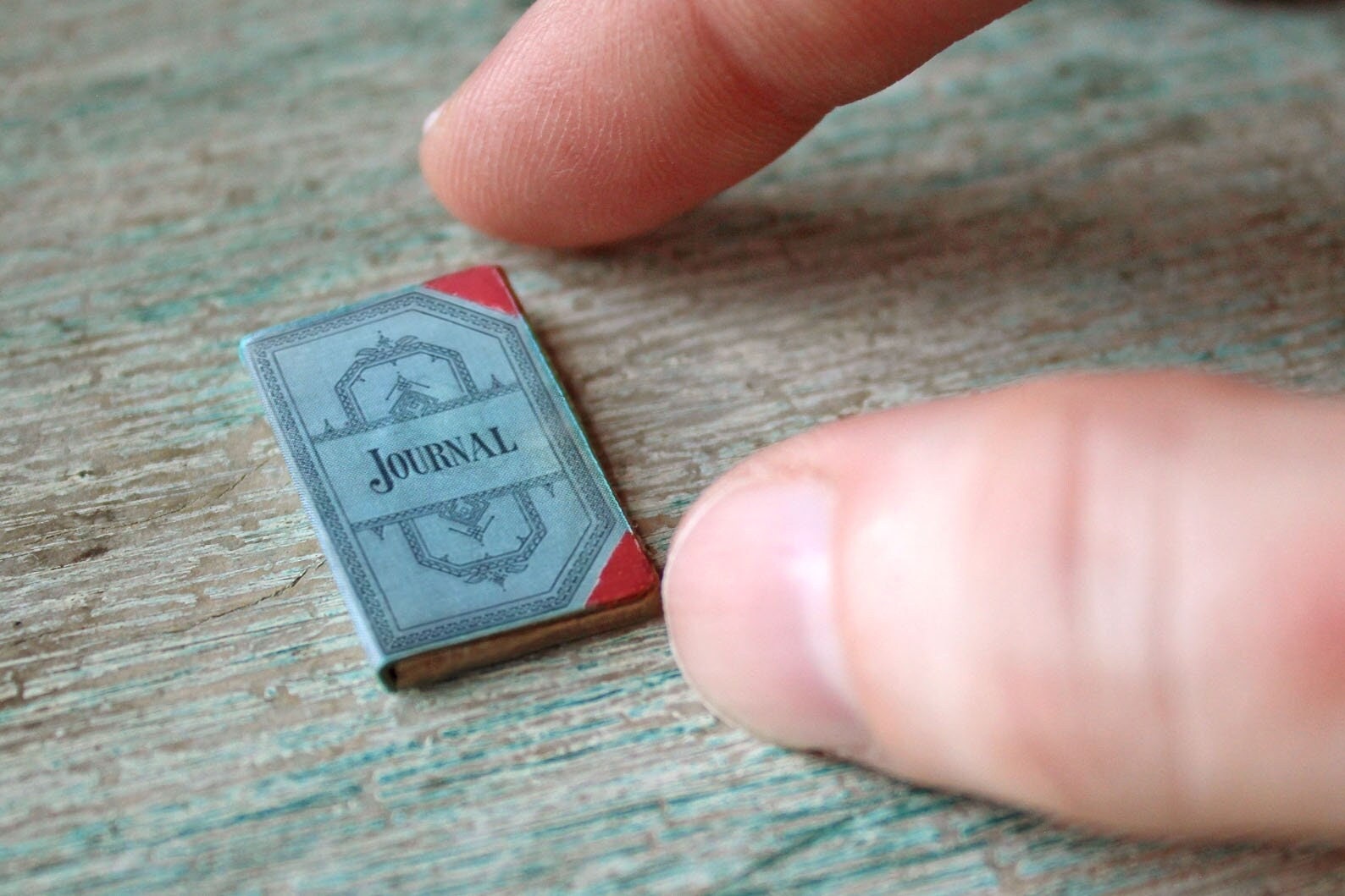 Miniature Journal Book – 1:12 Scale Vintage Diary Prop for Dollhouse or Curio Shelf • Closed Mini Book with Ornate Blue Cover