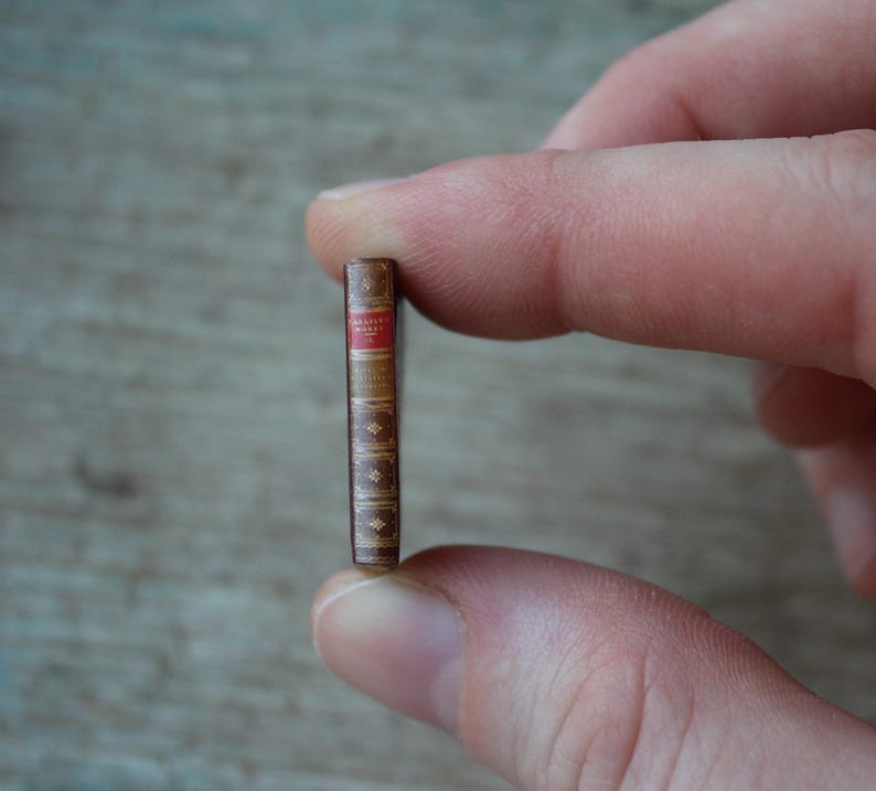 May include: A miniature book held between fingers. The book has a brown cover with gold accents and a red spine. The title is visible on the spine. The book is approximately 1 inch in height.