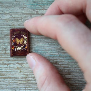 May include: A miniature burgundy book with gold lettering and a butterfly illustration. The book is held between fingers against a wooden background. The text on the cover reads "Les Papillons de France".