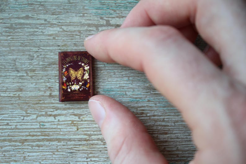 May include: A miniature burgundy book with gold lettering and a butterfly illustration. The book is held between fingers against a wooden background. The text on the cover reads "Les Papillons de France".