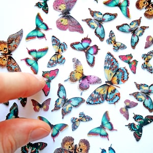以下が含まれることがあります： さまざまなサイズとデザインのカラフルな蝶のステッカーのコレクション。 蝶は、青、ティール、黄色、ピンク、茶色など、さまざまな色を特徴としています。 一部の蝶には複雑な模様があります。
