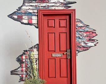 One-of-a-Kind Handcrafted Tiny Door — Wall Art, Fairy Door, Miniature Sculpture --- "Red Door"