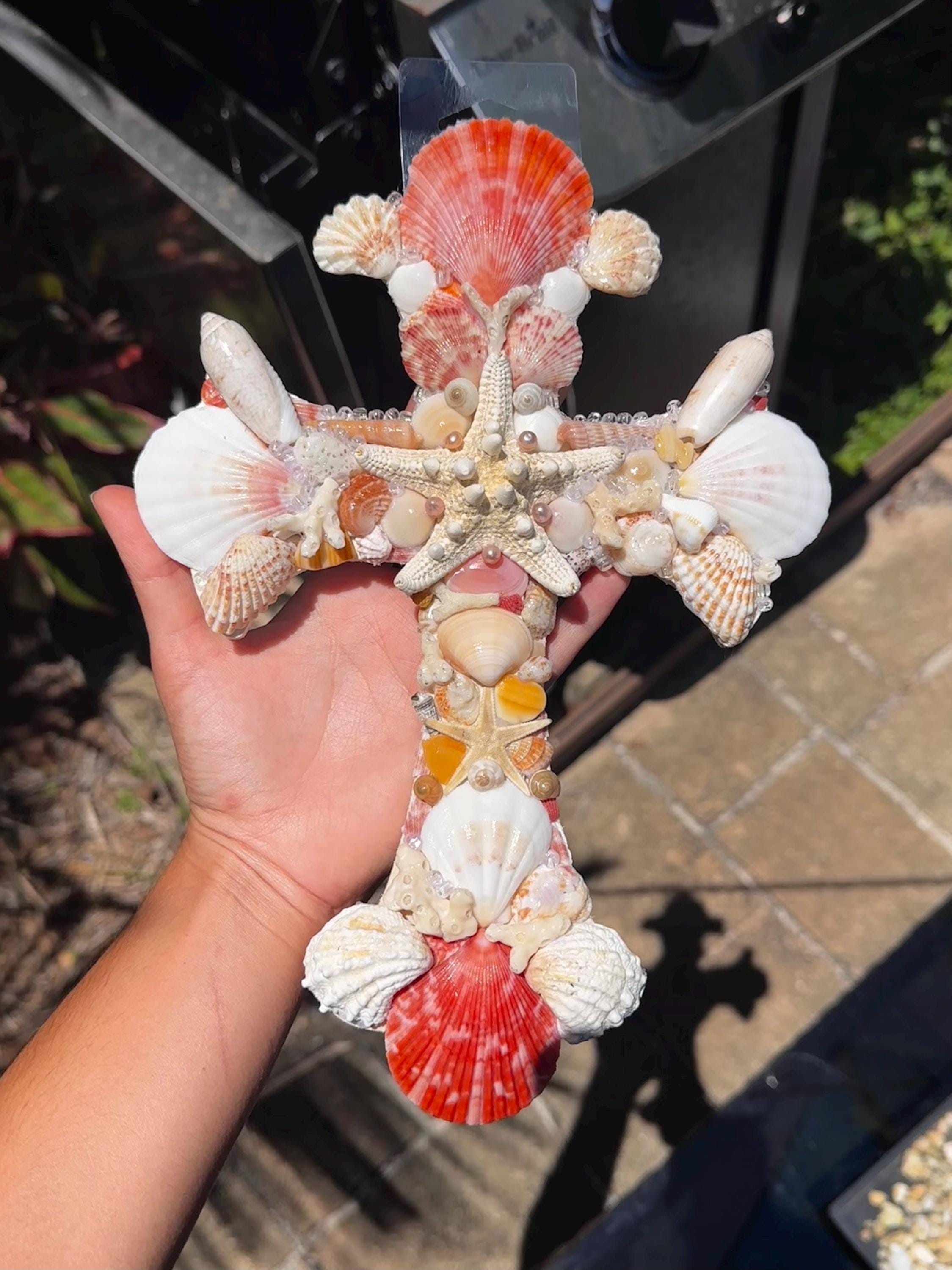 ピンク系・クロス貝殻アート〉十字架・Cross 小売 shell board 貝殻の