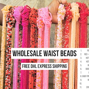 May include: A collection of colorful waist beads in various shades of pink, red, and gold. The beads are strung together, with a variety of colors and patterns. The text "WHOLESALE WAIST BEADS" is displayed.