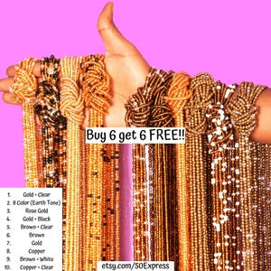 May include: A hand displays a collection of beaded strands in various colors, including gold, brown, and copper. The text "Buy 6 get 6 FREE!!" is visible. The Etsy shop URL is also visible.