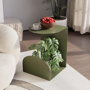 Modern Metal Side Table with Plant Shelf, Minimalist Coffee Table, Indoor Planter Stand, Contemporary Living Room Furniture