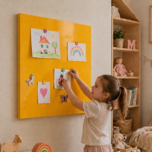 May include: A bright yellow magnetic board with children's drawings and decorative magnets. A young girl is attaching a drawing of a ladybug. A woman is sitting nearby. The room has a wooden shelf with toys and a framed picture.