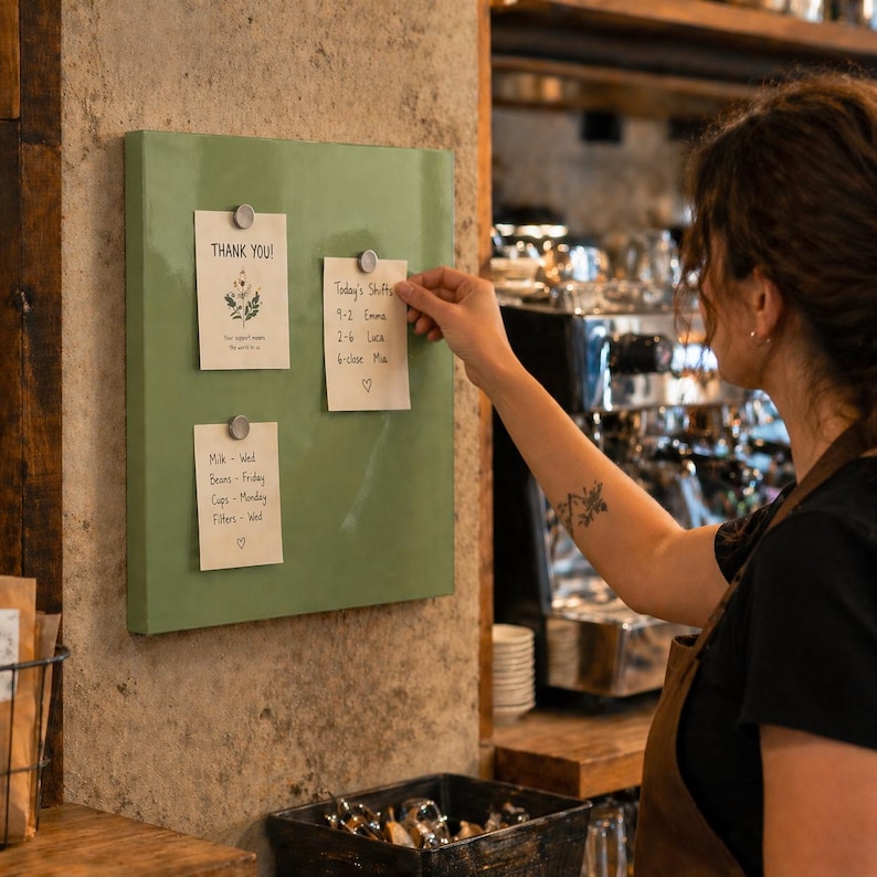 May include: A sage green magnetic memo board with three notes attached by silver magnets. The notes have handwritten text, including "THANK YOU!" and daily tasks. The board is mounted on a textured wall, suggesting a cafe or office setting.