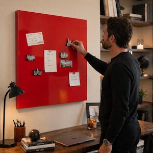 May include: A red magnetic board with travel-themed magnets and notes. The board has a glossy finish and is mounted on a wall. A person is placing a magnet on the board. A desk with a lamp, books, and a laptop is in the foreground.