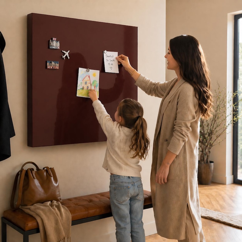 May include: A large, rectangular, burgundy-colored magnetic board mounted on a wall. Two people are placing notes and drawings on the board. Decorative magnets are attached. A bench and a leather bag are in the foreground.