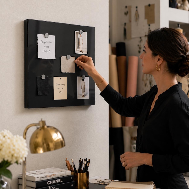 May include: A black magnetic board with silver magnets holding notes and fabric swatches. The notes include text: "Design Review 10 AM Studio B" and "Client Fitting Thursday 4 PM". A woman in a black shirt is reaching towards the board.