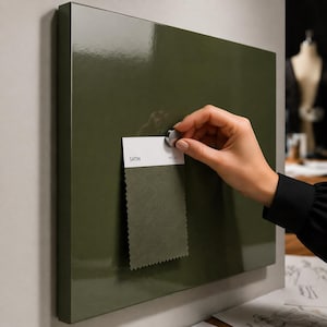 May include: A square, olive green magnetic board with a glossy finish. A hand is placing a small white card with the word "SATIN" and a swatch of olive green fabric onto the board. The board is mounted on a light gray wall.